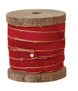 10 Yard Velvet Ribbon w/ Metallic Edges on Wood Spool