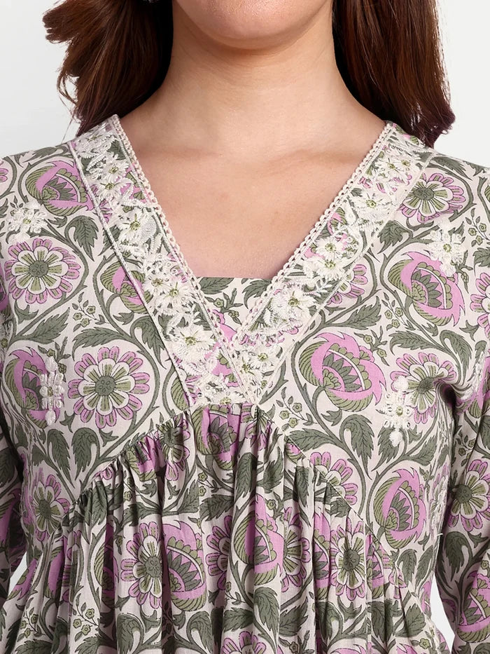 Floral Printed Cotton Kurti Set With Trousers & Dupatta