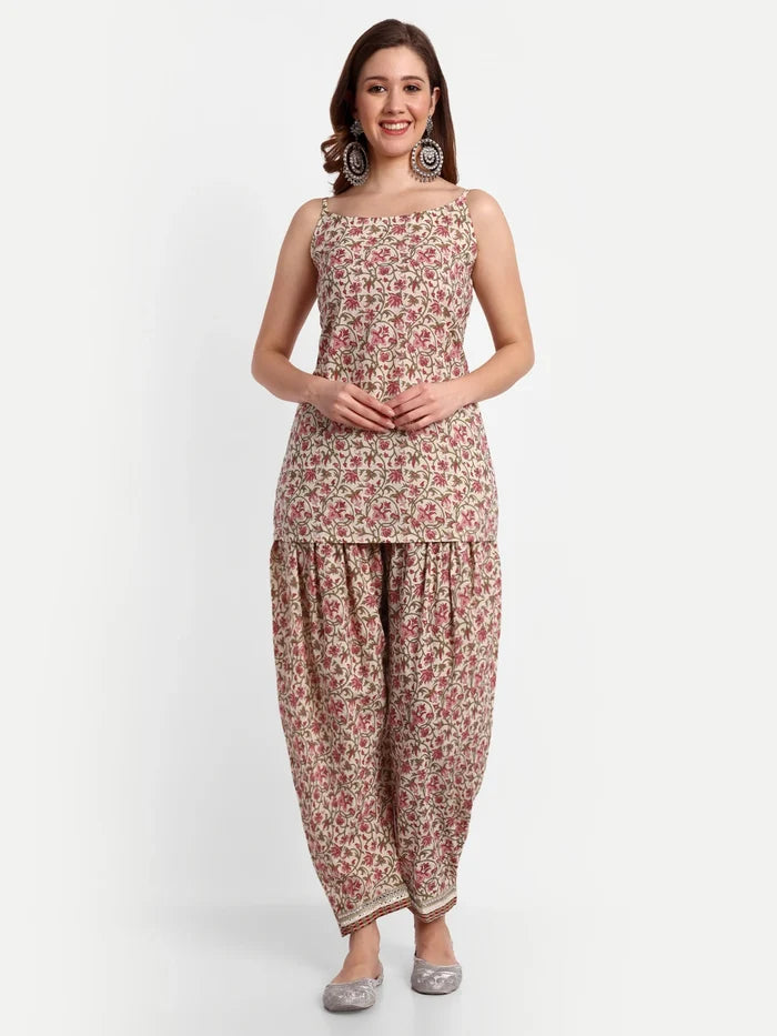 Floral Printed Yoke Design Work Pure Cotton Kurti With Dhoti Pant & Dupatta