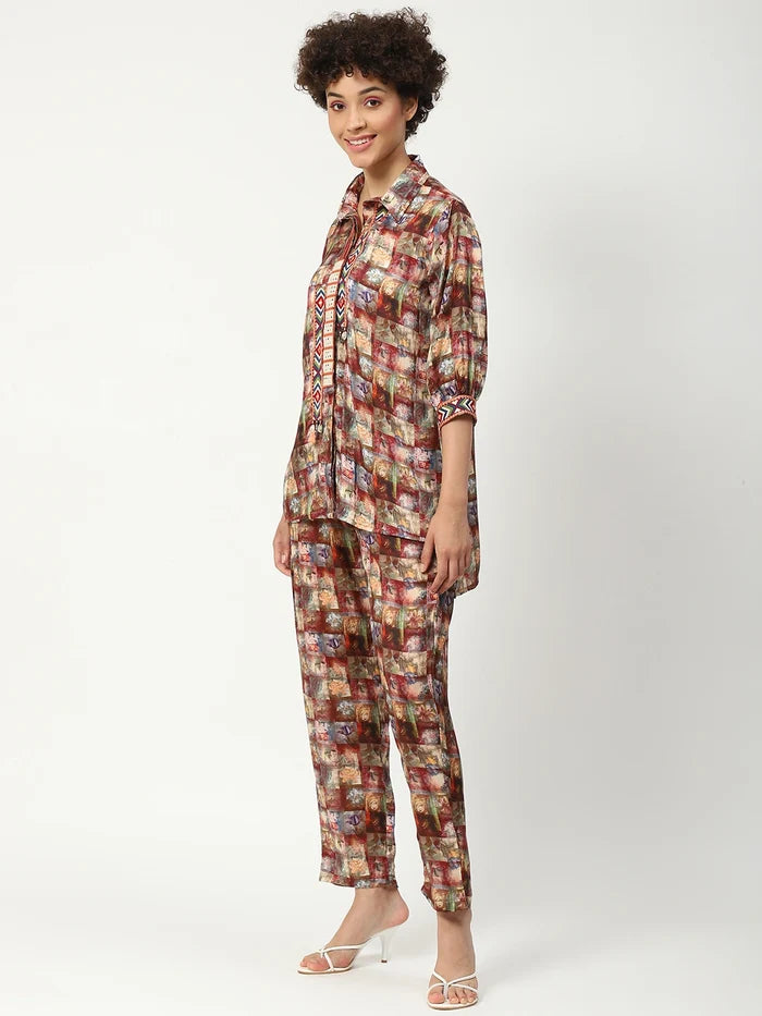 Muslin Printed Cord Set With Work Details Multicoloured