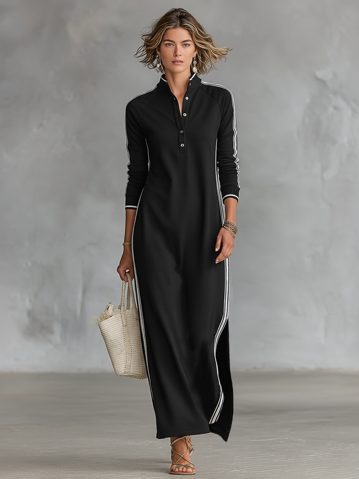 🌸 Women's Maxi Sweatshirt Dress with Button-Down Collar and White Trim