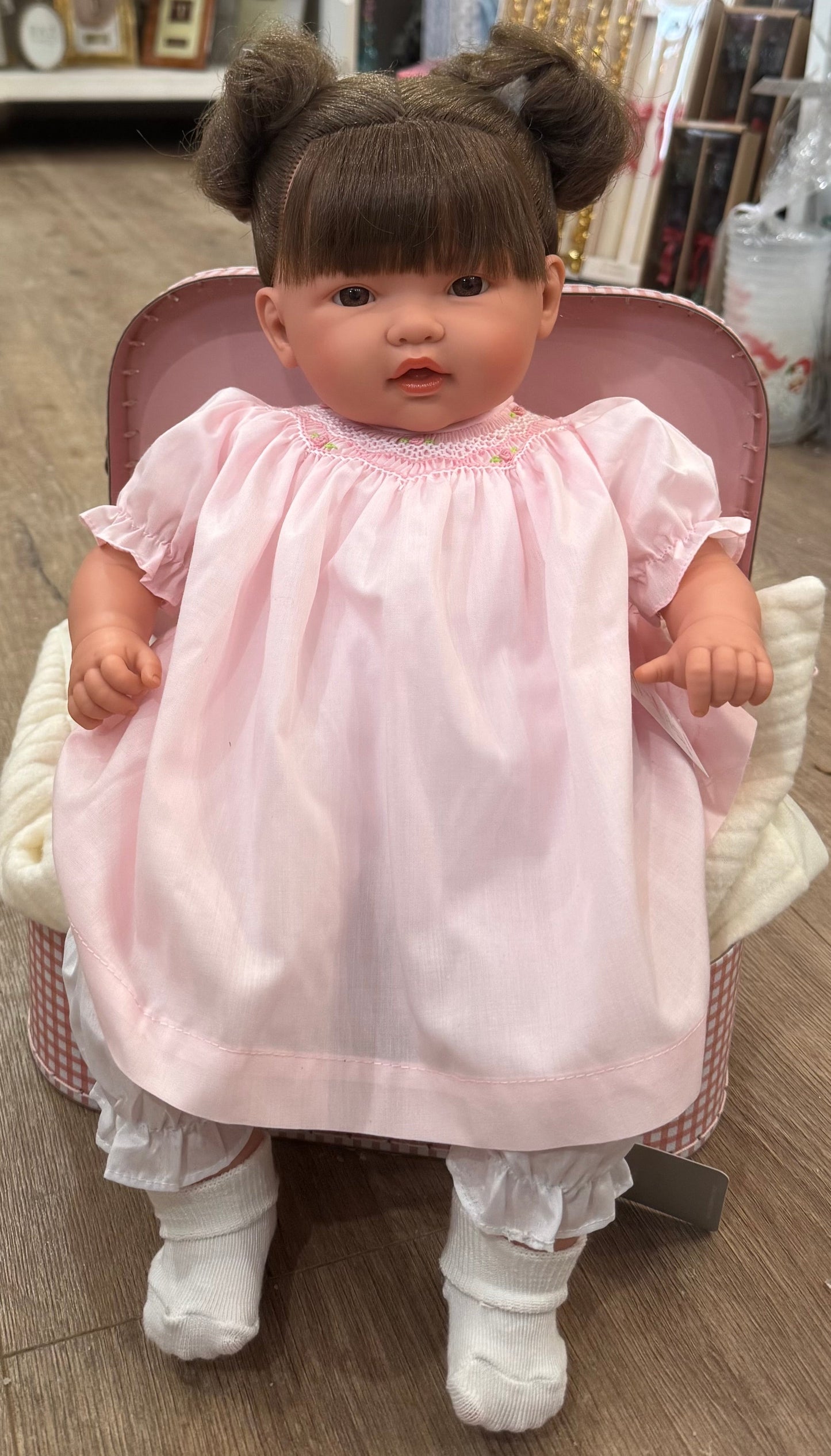 18" Blaire Brown Hair Doll with Pink Smock Dress