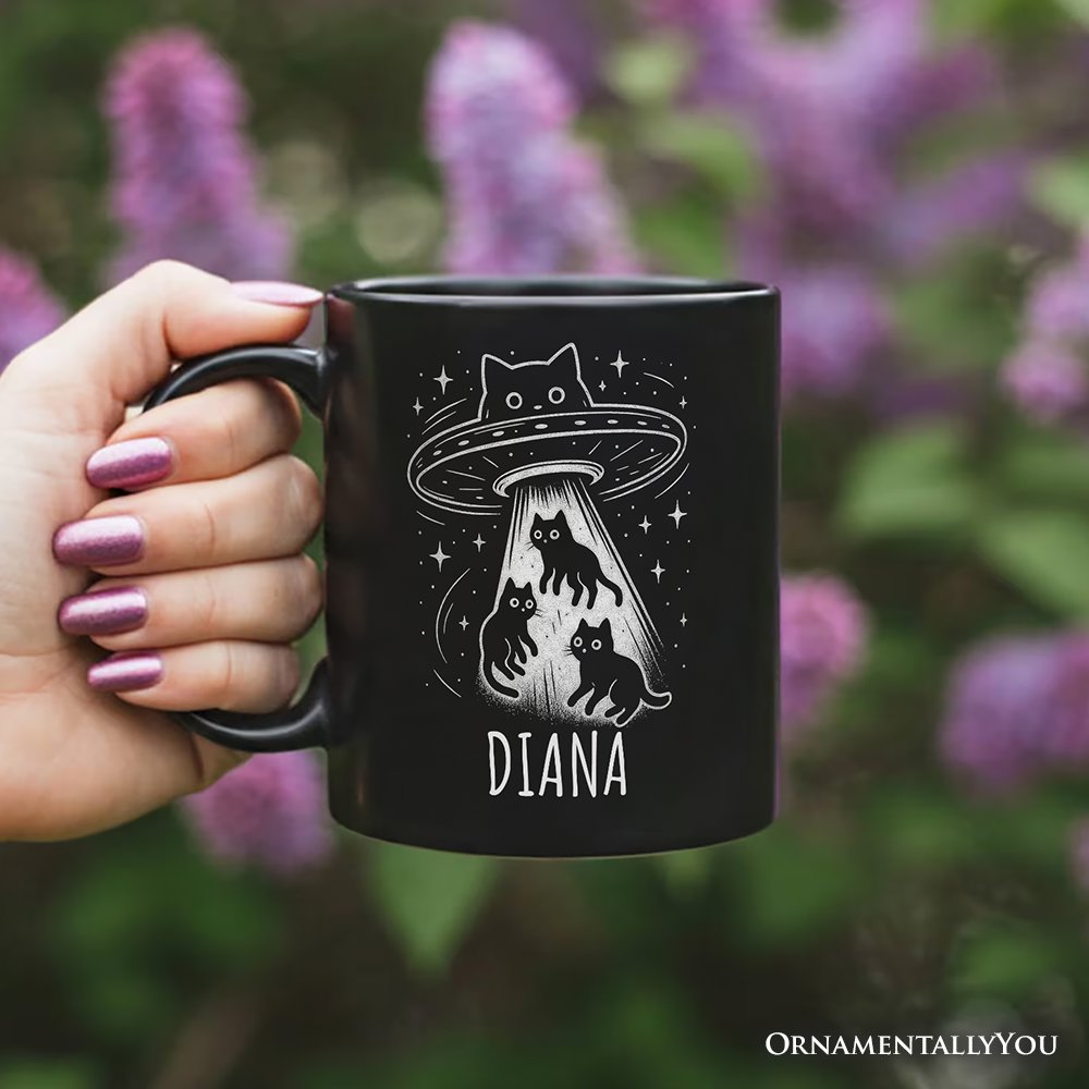 Alien Cat Abduction Personalized Mug, Funny UFO Space Cats Cosmic Gift with Custom Name