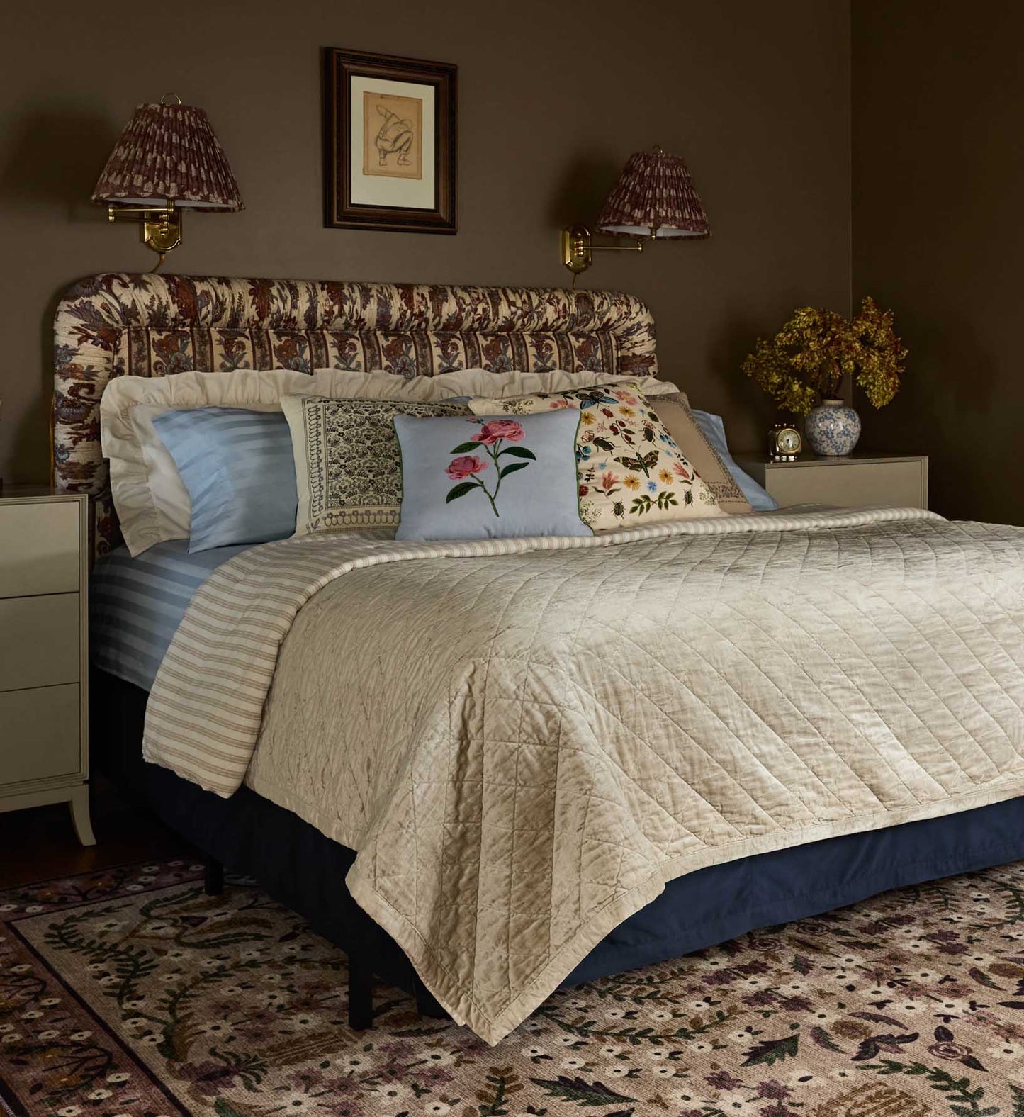 Garden Rose Embroidered Pillow - Blue