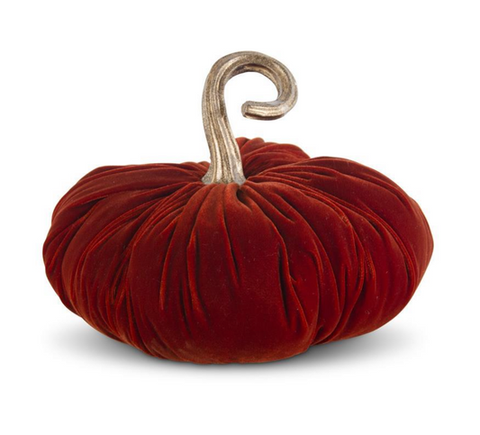 11 INCH DARK ORANGE VELVET STUFFED PUMPKIN W/TWISTED GOLD STEM