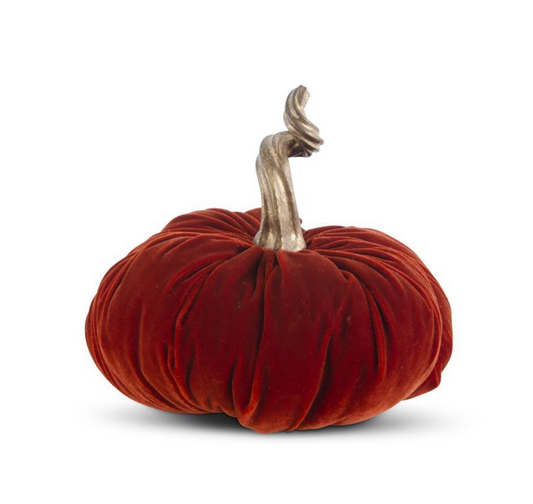 10 INCH DARK ORANGE VELVET STUFFED PUMPKIN W/TWISTED GOLD STEM