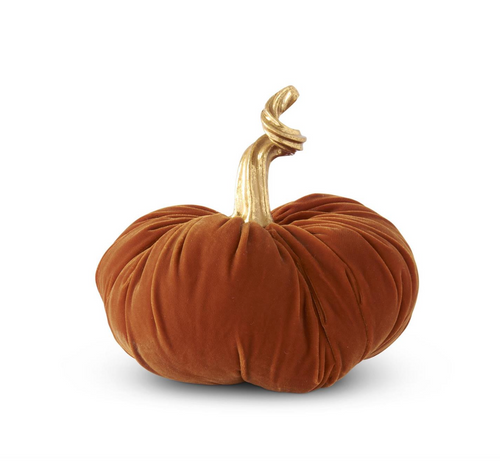 10 INCH ORANGE VELVET STUFFED PUMPKIN W/TWISTED GOLD STEM