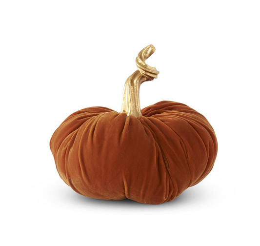 10 INCH ORANGE VELVET STUFFED PUMPKIN W/TWISTED GOLD STEM