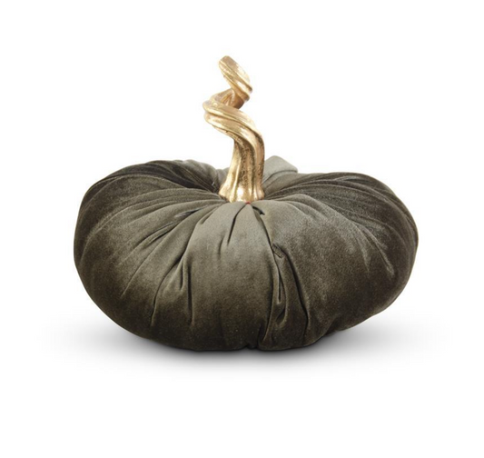10 INCH GREEN VELVET STUFFED PUMPKIN W/TWISTED GOLD STEM