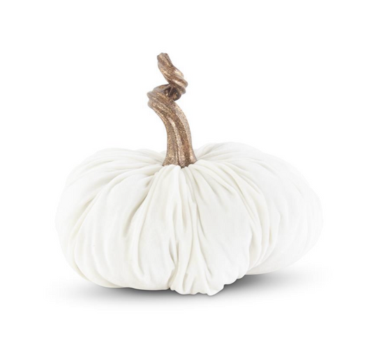 10 INCH WHITE VELVET STUFFED PUMPKIN W/TWISTED GOLD STEM