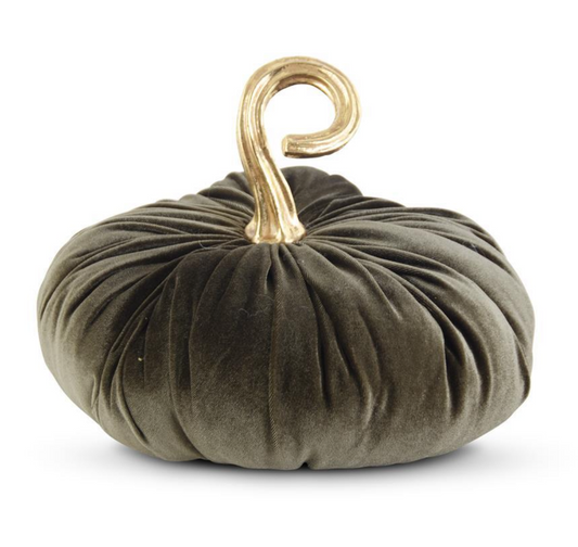 11 INCH GREEN VELVET STUFFED PUMPKIN W/TWISTED GOLD STEM