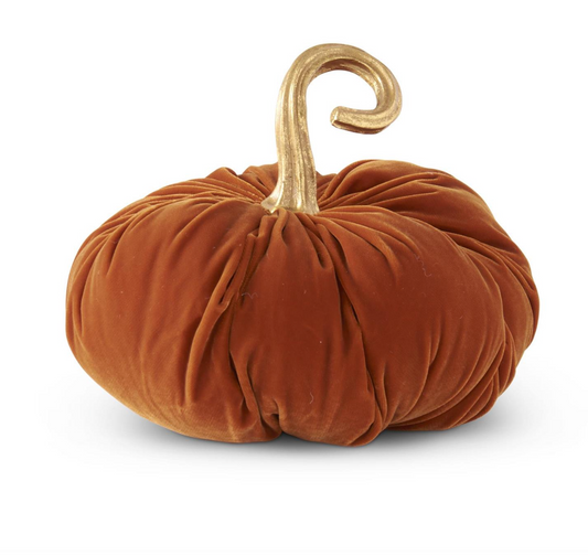11 INCH  ORANGE VELVET STUFFED PUMPKIN W/TWISTED GOLD STEM