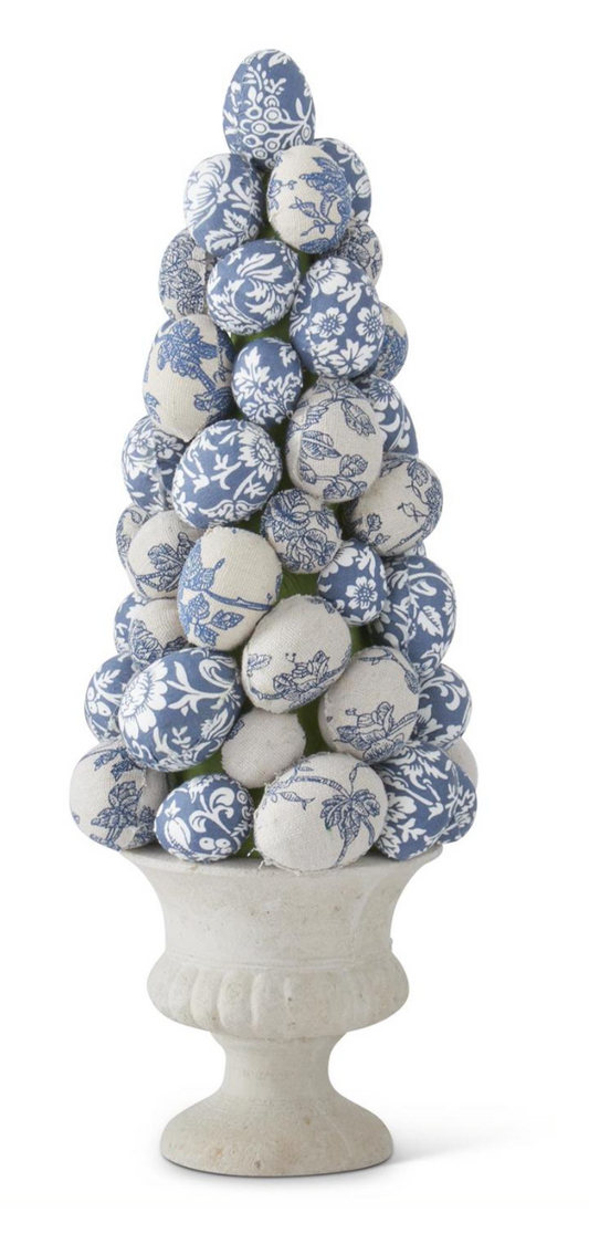 15 INCH BLUE AND WHITE FLORAL FABRIC EGG TOPIARY