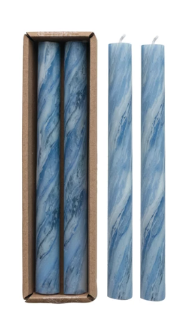 10"H Unscented Marble Blue Taper Candles