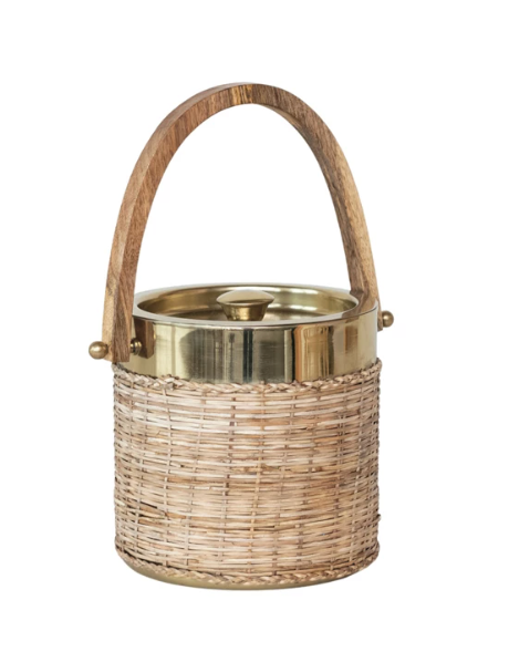 1-1/2 Quart Stainless Steel & Woven Rattan Ice Bucket w/ Mango Wood Handle