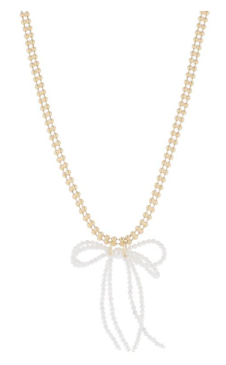15" Double Gold Ball Chain with Double Pearl Beaded Bow Necklace