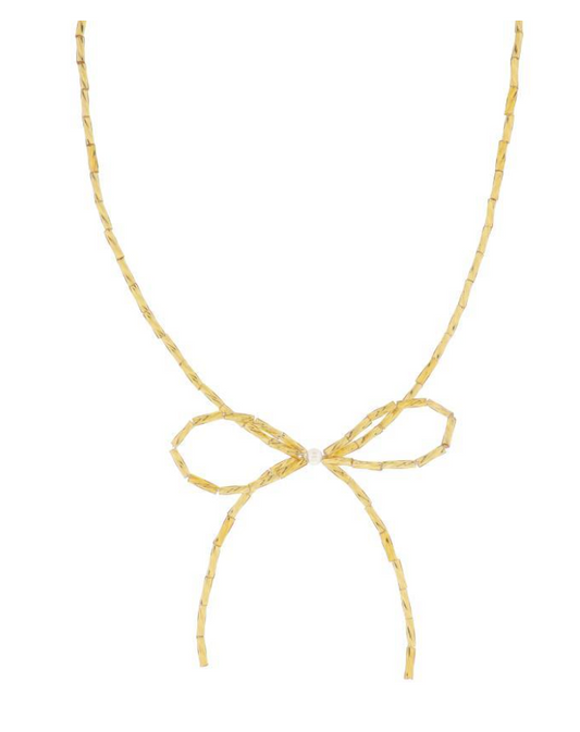 15" Gold Beaded Strand with Bow and Pearl Accent Necklace