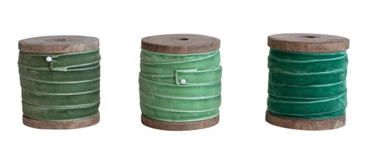 10 Yard Velvet Ribbon on Wood Spool - Green