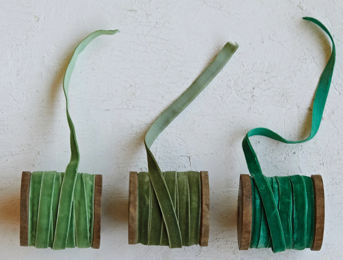 10 Yard Velvet Ribbon on Wood Spool - Green
