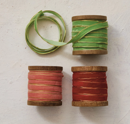 10 Yard Velvet Ribbon w/ Metallic Edges on Wood Spool