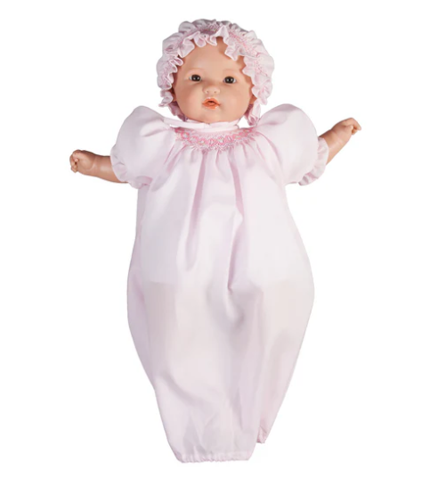 20" Ruby Doll Brown eyes with White Smock Gown & Bonnet