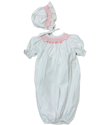 20" Ruby Doll Brown eyes with White Smock Gown & Bonnet