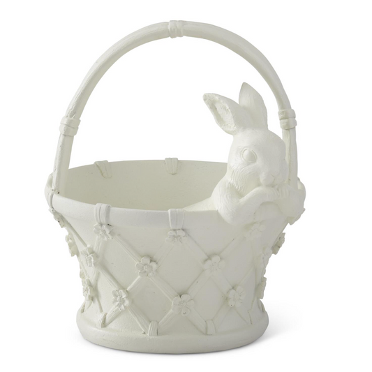 10.5 Inch White Resin Easter Bunny In Basket