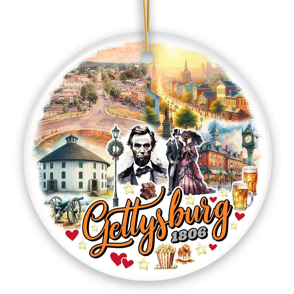 Artistic Historical Gettysburg Town Vintage Ornament, Pennsylvania Battlefield Civil War Heritage and Abe Lincoln
