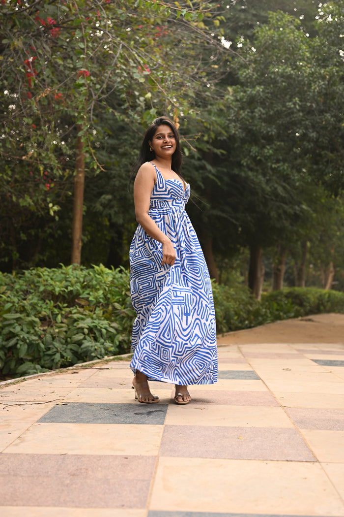 Azure Maze Printed Padded Midi Dress