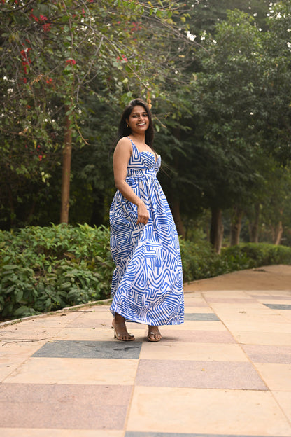 Azure Maze Printed Padded Midi Dress