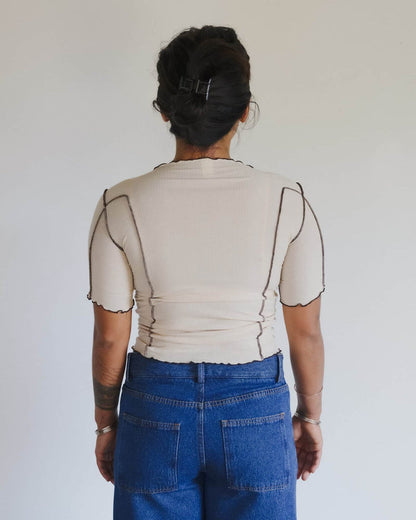 Baserange - T-shirt Omato 3/4 beige - Coton biologique fin côtelé - Tops - TTOM3-CR-SU26