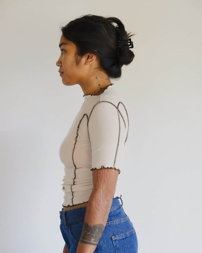 Baserange - T-shirt Omato 3/4 beige - Coton biologique fin côtelé - Tops - TTOM3-CR-SU26