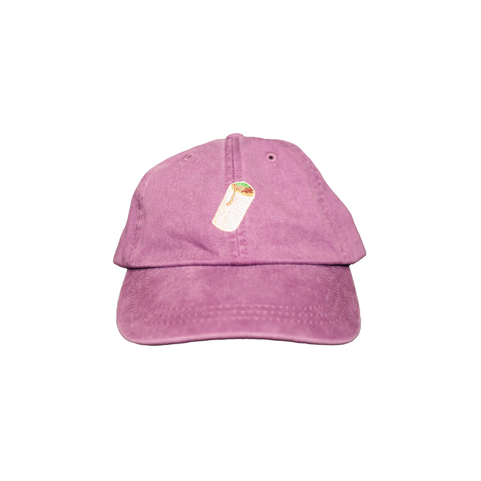 Image of plum dad hat with embroidered burrito