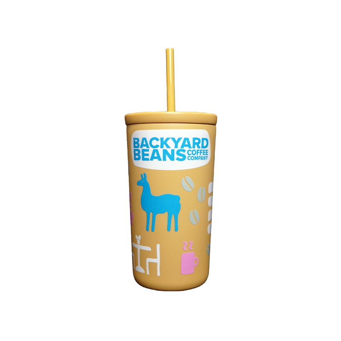 Yellow tumbler with a blue llama graphic and 'Backyard Beans Coffee Company' text on a white background
