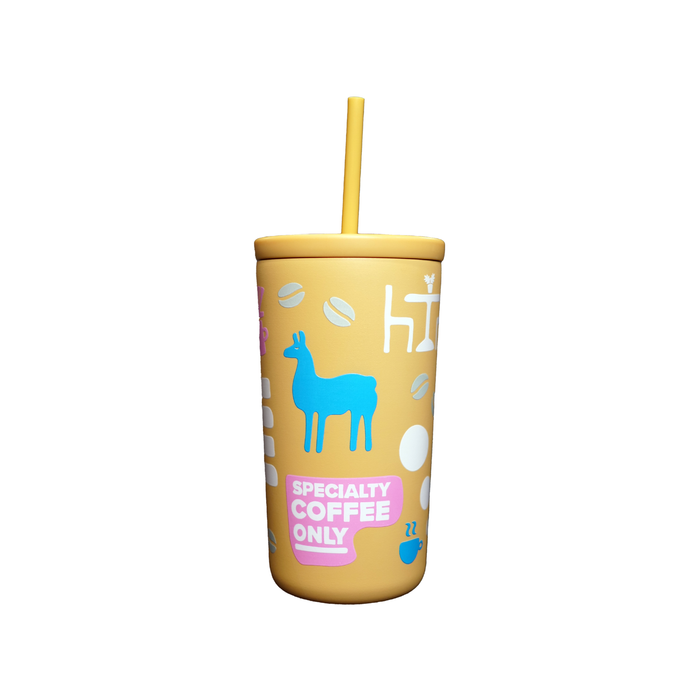 Yellow tumbler with a blue llama graphic and text on a white background