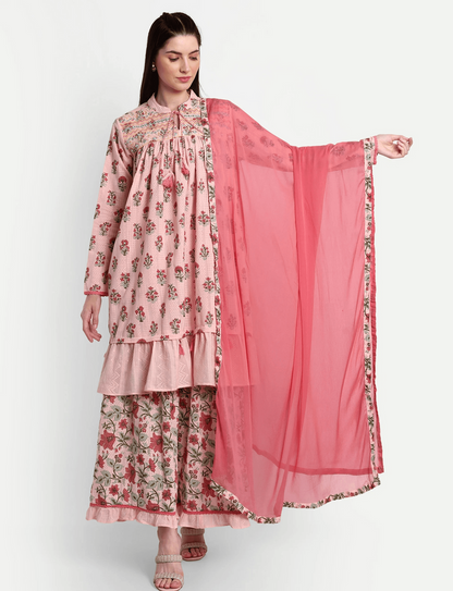 Cotton Floral Printed Kurta Set with Sharara & Dupatta