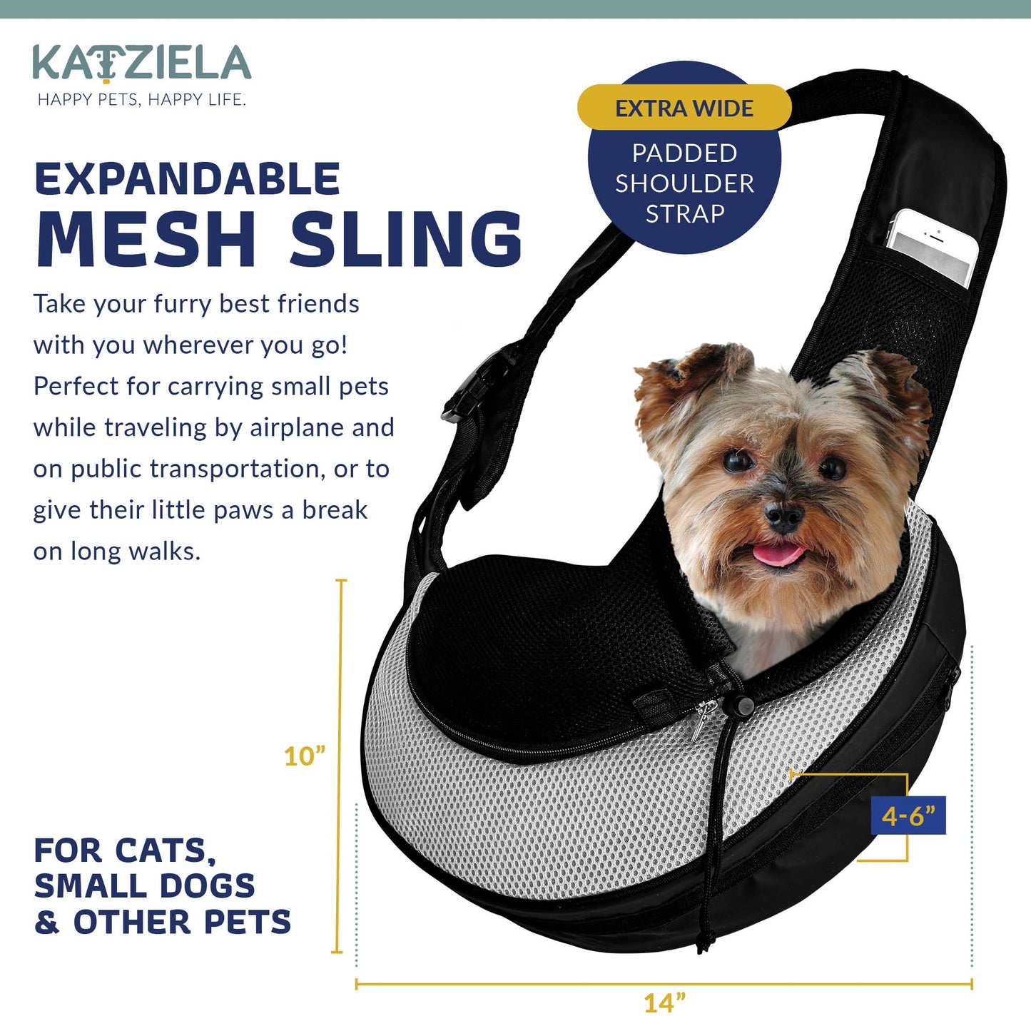 Katziela - Pet Carrier Expandable Sling For Small Dogs And Cats Black