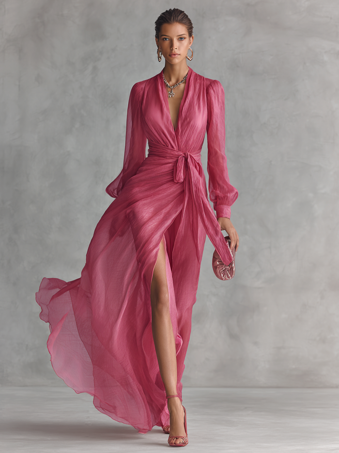🌸 Elegant Pink Chiffon Maxi Dress with Pearls and V-Neck for Women