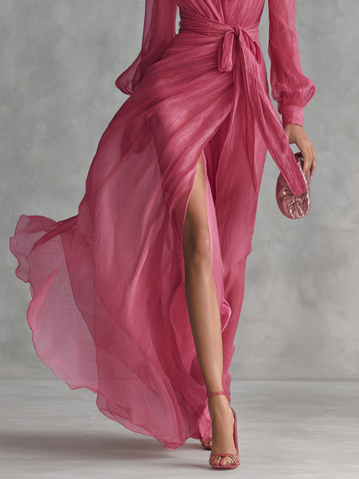 🌸 Elegant Pink Chiffon Maxi Dress with Pearls and V-Neck for Women