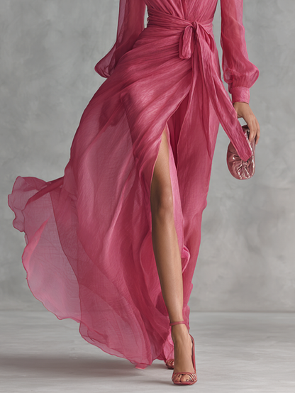 🌸 Elegant Pink Chiffon Maxi Dress with Pearls and V-Neck for Women