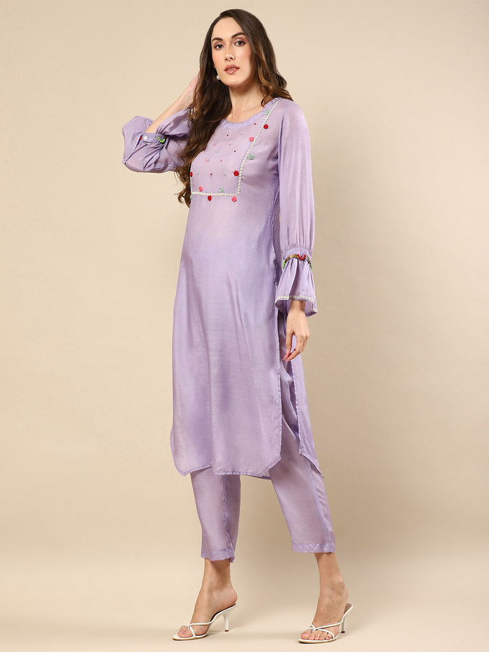 Elegant Purple Kurta with Embroidered Handwork and Matching Pants