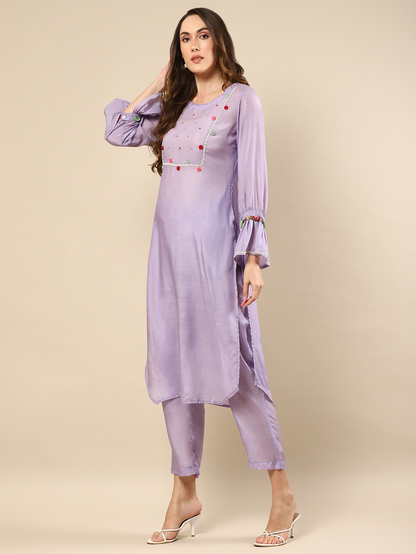 Elegant Purple Kurta with Embroidered Handwork and Matching Pants