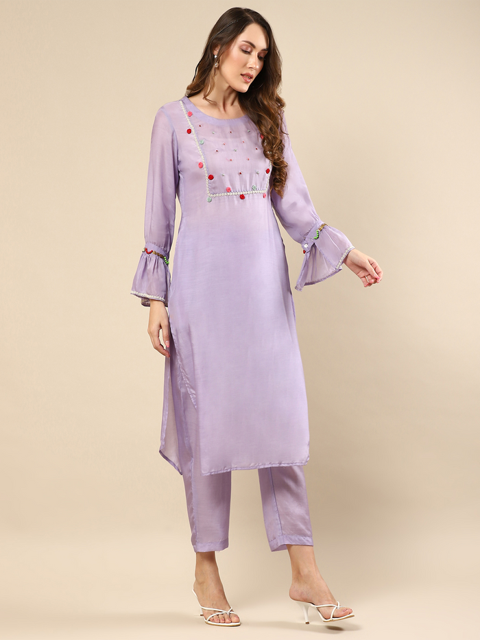 Elegant Purple Kurta with Embroidered Handwork and Matching Pants