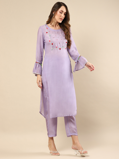 Elegant Purple Kurta with Embroidered Handwork and Matching Pants