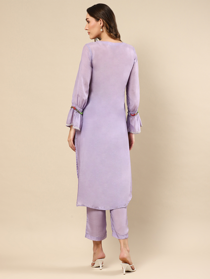 Elegant Purple Kurta with Embroidered Handwork and Matching Pants