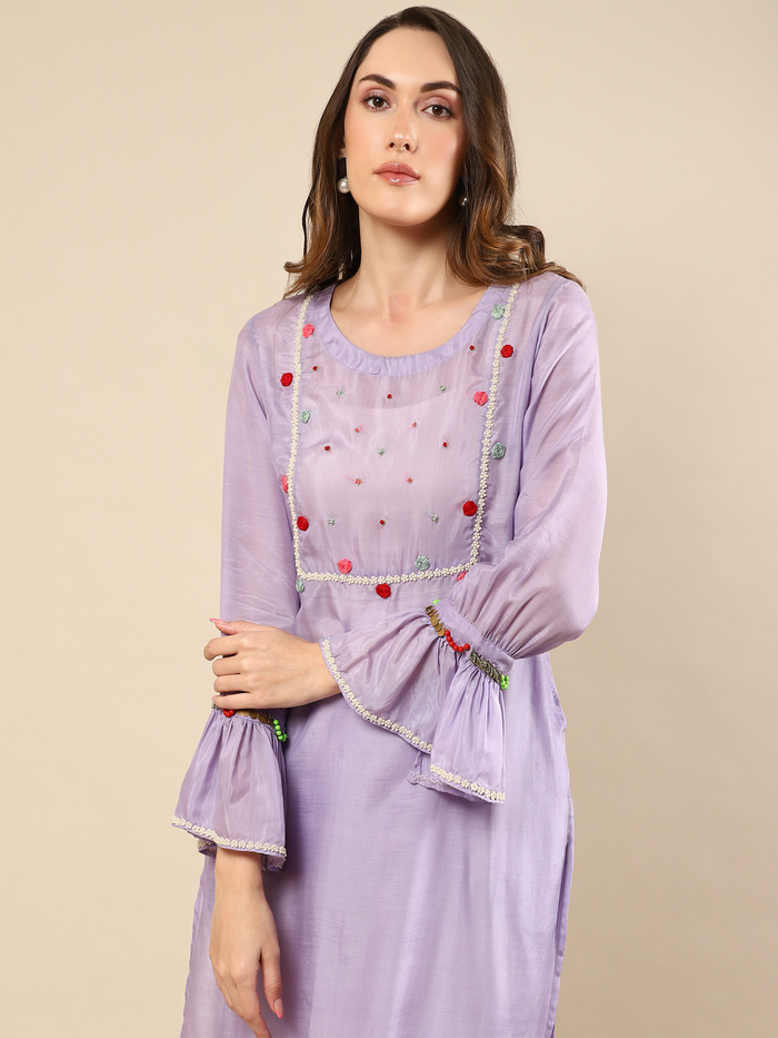 Elegant Purple Kurta with Embroidered Handwork and Matching Pants