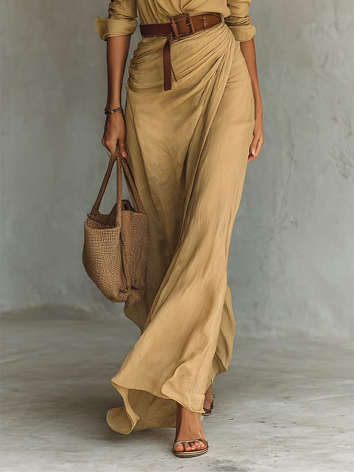 ESSENTIAL - Maxi Long Dress with Lapel Collar and Long Sleeves for Women
