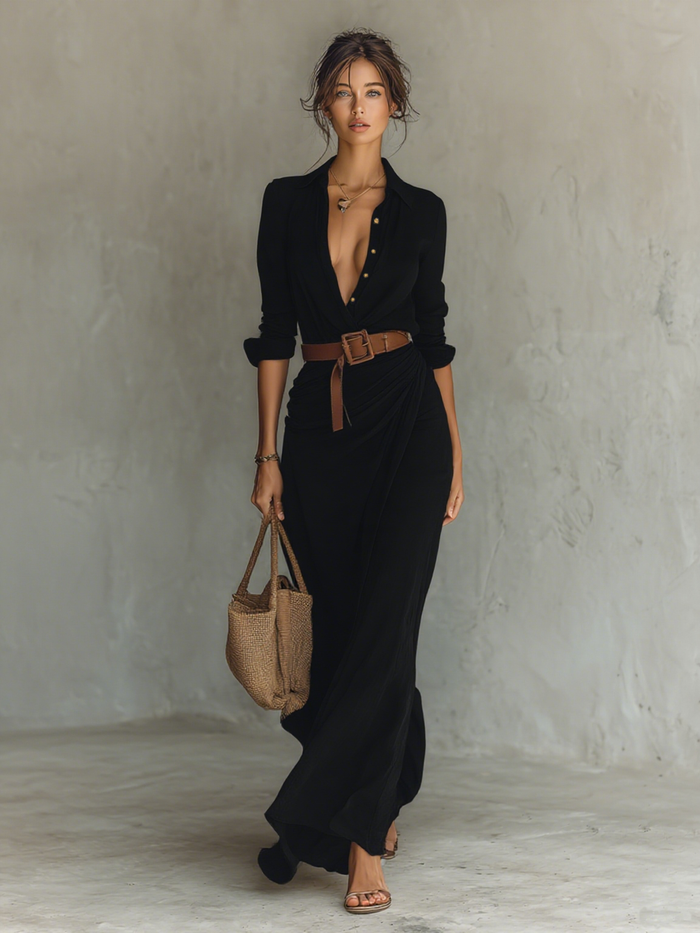ESSENTIAL - Maxi Long Dress with Lapel Collar and Long Sleeves for Women