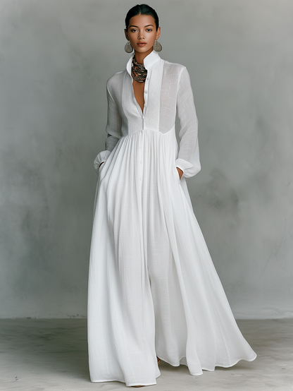 ESSENTIAL - Maxi Minimalist Dress in Cotton & Linen with Patchwork, High Collar and Long Sleeves