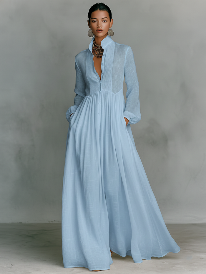 ESSENTIAL - Maxi Minimalist Dress in Cotton & Linen with Patchwork, High Collar and Long Sleeves